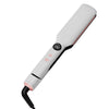 A white professional ceramic hair straightener with a black cord and an adjustable temperature display.