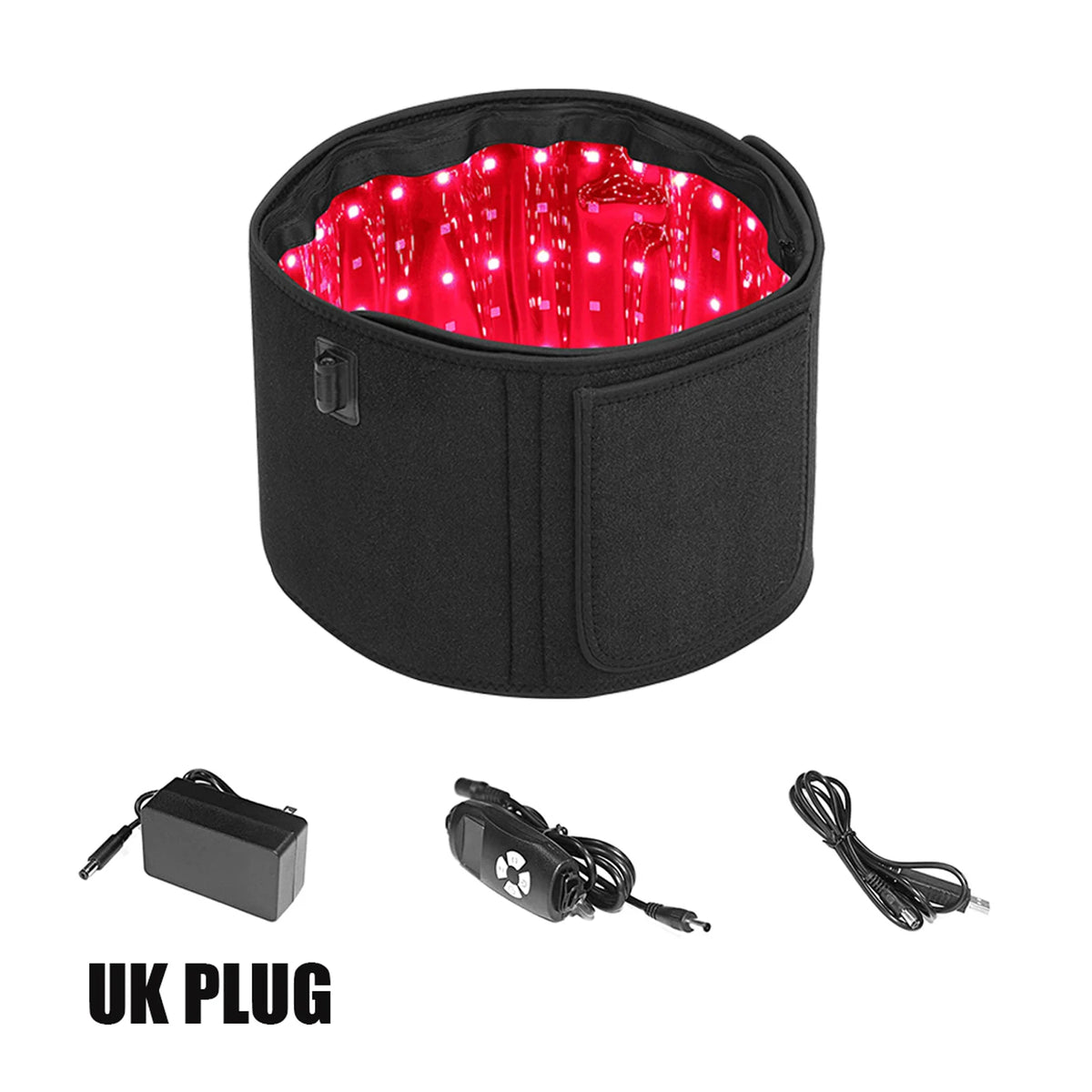 Schwarzer Lichttherapiegurt mit roten LED-Lichtern, Netzteil und Kabel.