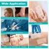Various hydrocolloid patches are shown being applied to skin for acne, heel protection, wounds, burns, and ulcers.