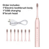A pink sonic electric toothbrush set including the body, USB charging cable, and eight brush heads.