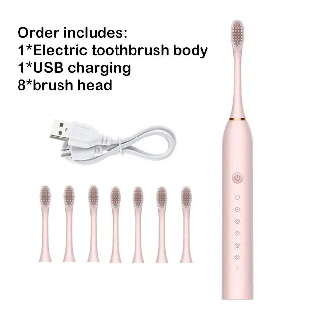 Pink electric toothbrush set including body, USB charging cable, and eight brush heads.
