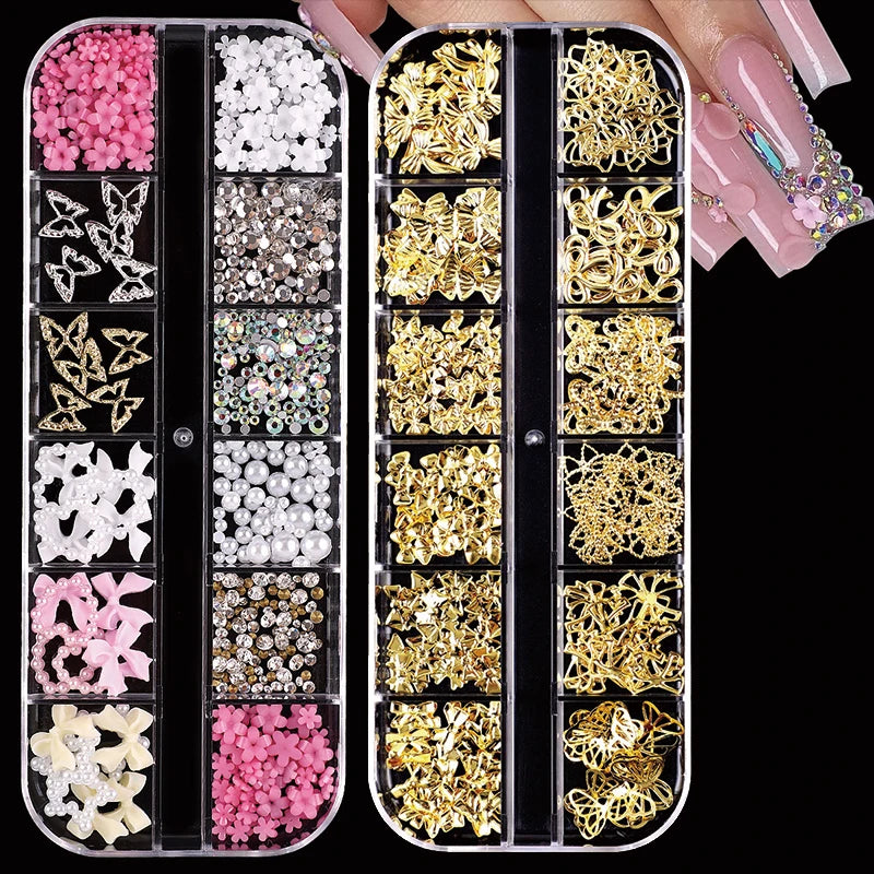 A set of 24 pieces of 3D Y2K nail art decorations including rhinestones, pearls, and charms in various colors.
