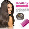 A woman with long dark hair is shown next to a pink electric hot comb styling iron.