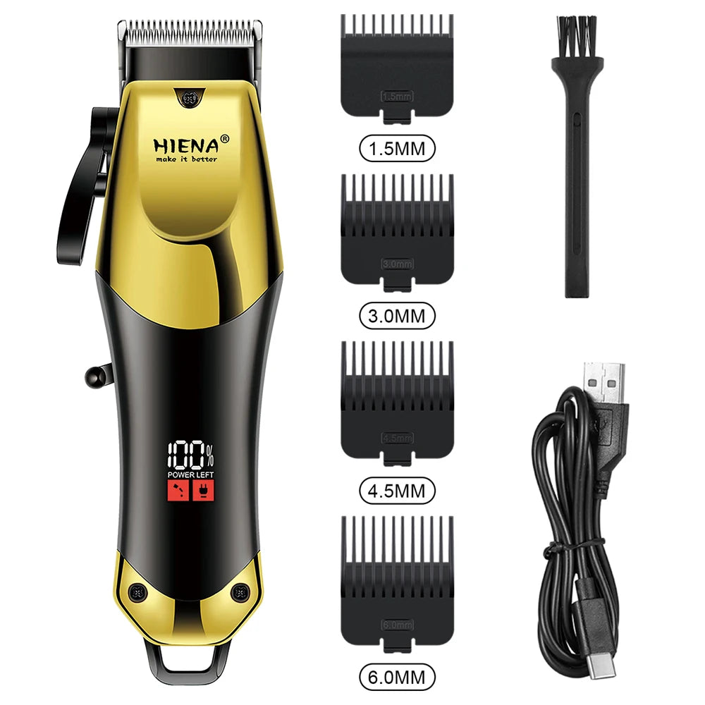 A professional rotary hair trimmer with various guard attachments shown alongside the main unit.