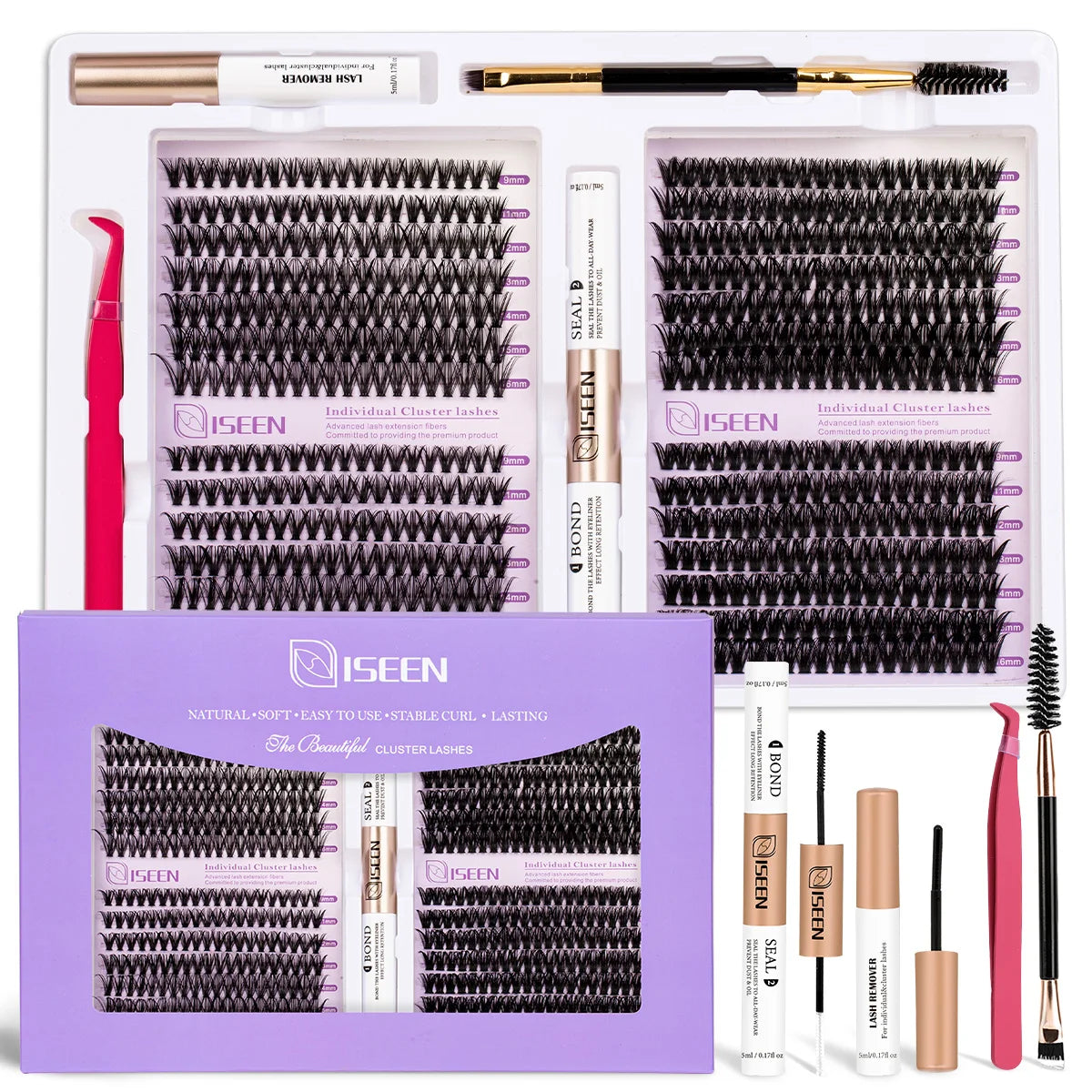 A kit of individual cluster lashes and tools for DIY soft volume eyelash cluster extension
