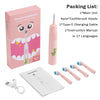 Packaging list for an electric toothbrush including the main unit, brush heads, charging cable, and instruction manual.