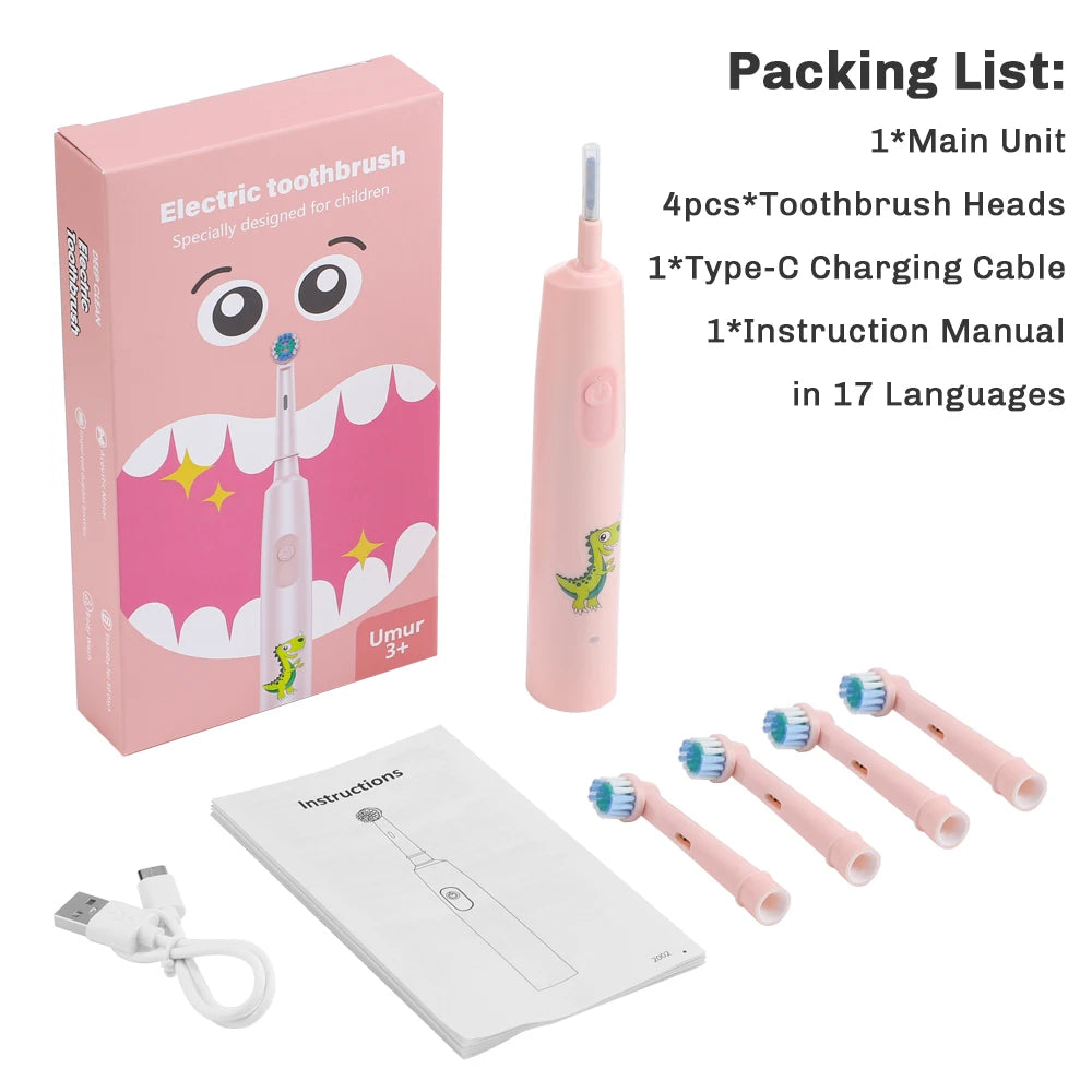 Packaging list for an electric toothbrush including the main unit, brush heads, charging cable, and instruction manual.