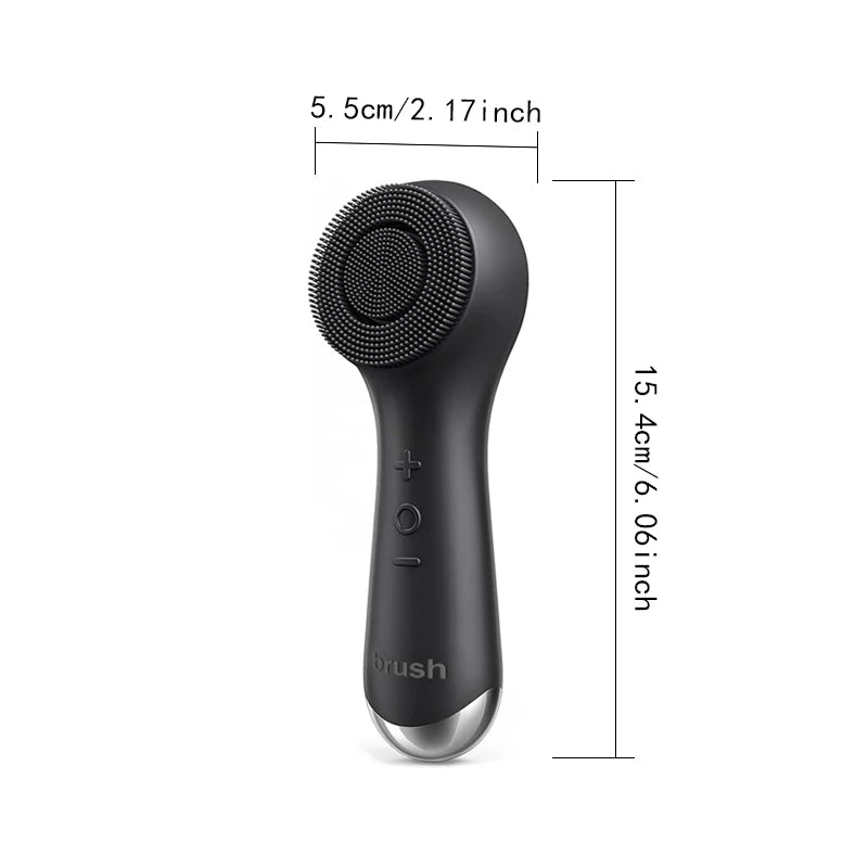 A black 360° rotating silicone facial cleansing brush with a rounded head and a slender handle.