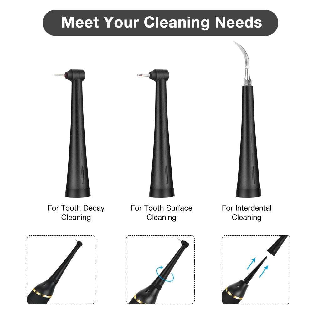 A set of black electric dental scaler tools for tooth decay, surface cleaning, and interdental cleaning.