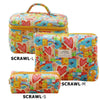 A set of three colorful quilted cotton makeup bags in various sizes labeled SCRAWL-L, SCRAWL-M, and SCRAWL-S