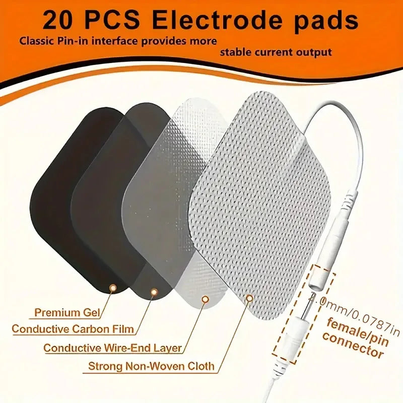 A set of 20 PCS electrode pads, including Premium Gel, Conductive Carbon Film, Wire-End Layer, and Non-Woven Cloth, connected