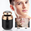 A close-up of a black electric shaver with a metallic head, shown next to a man's face before and after use.