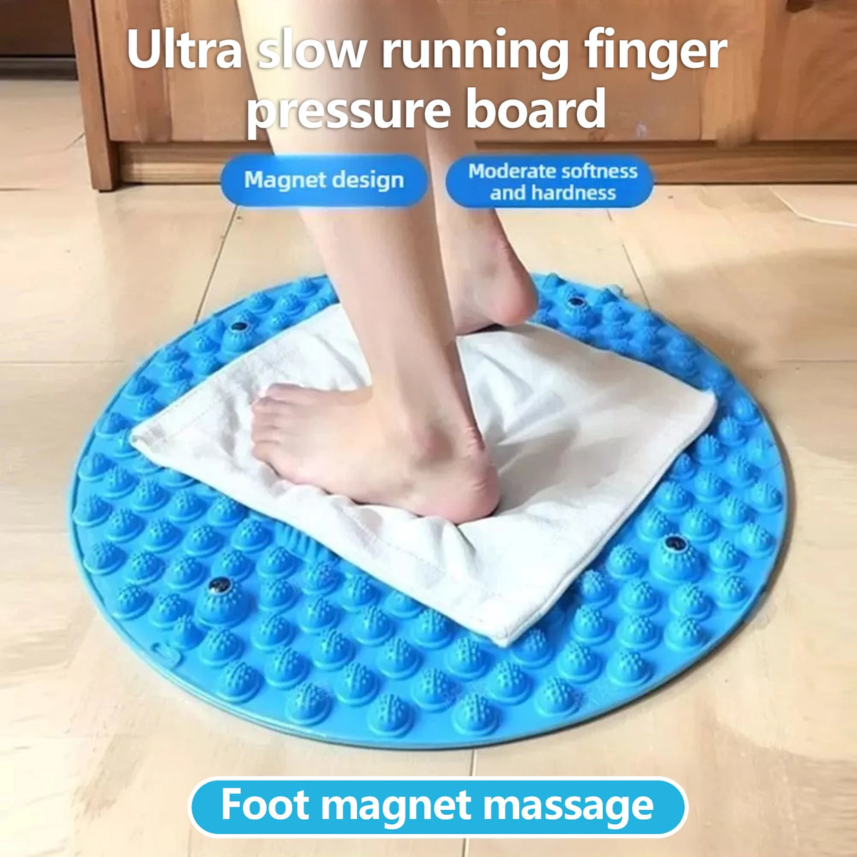A foot massage board with blue textured silicone pads is shown for relaxing feet.