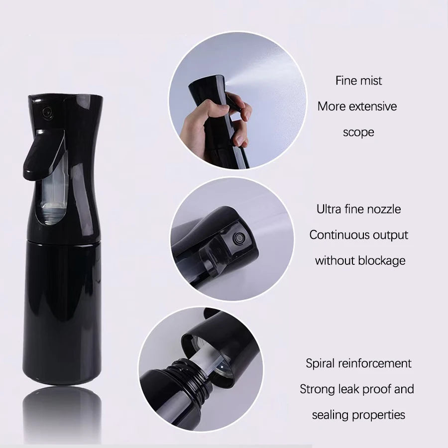 A black 200ml continuous fine mist spray bottle shown with close-up features like an ultra fine nozzle and spiral reinforceme