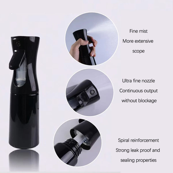 A black 200ml continuous fine mist spray bottle shown with close-up features like an ultra fine nozzle and spiral reinforceme