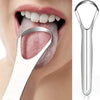 A stainless steel tongue scraper is shown being used to clean the tongue of a person.