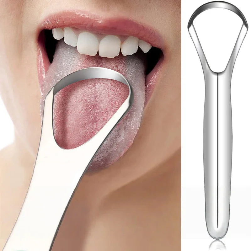 A stainless steel tongue scraper is shown being used to clean the tongue of a person.