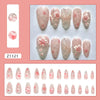 A collection of 24 press-on nails featuring pink floral designs on an almond shape.