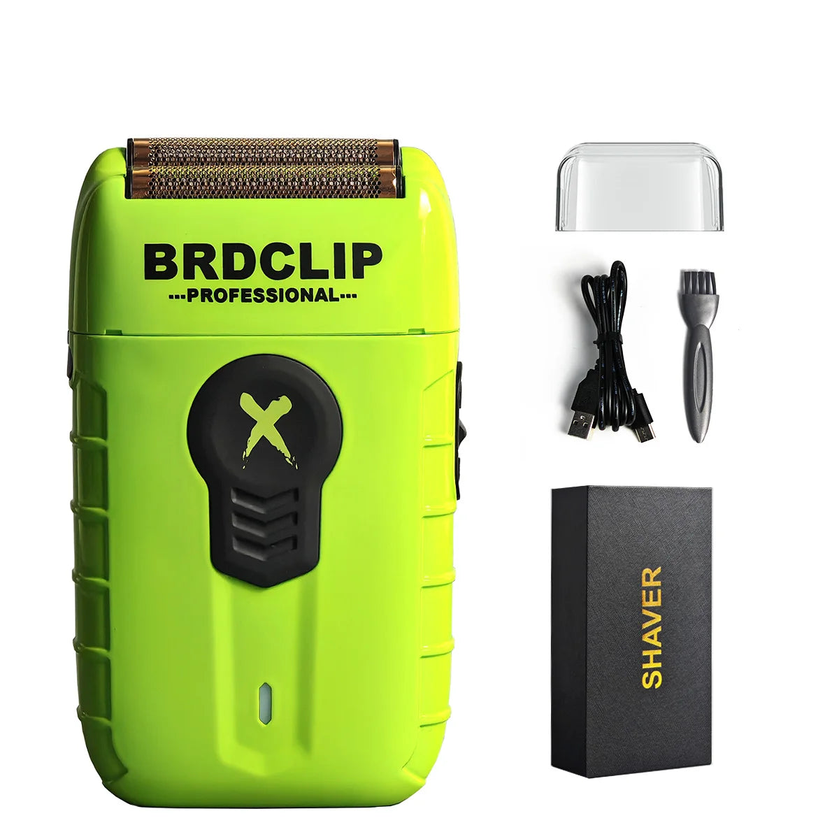 A lime green electric shaver with a gold foil head and accessories displayed next to the product box.
