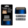 Replacement foil head and cutters blade set for a shaver, including gold-colored nickel/titanium components.