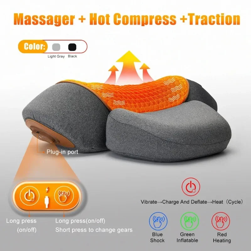 A gray therapeutic neck massager with an orange cover is shown, featuring plug-in ports and various massage modes.