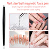 A black nail steel ball magnetic force pen with gold mixed stainless steel bead decorations shown on fingers.