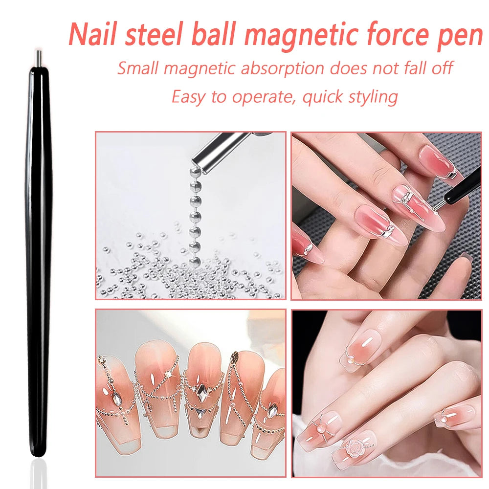 A black nail steel ball magnetic force pen with gold mixed stainless steel bead decorations shown on fingers.