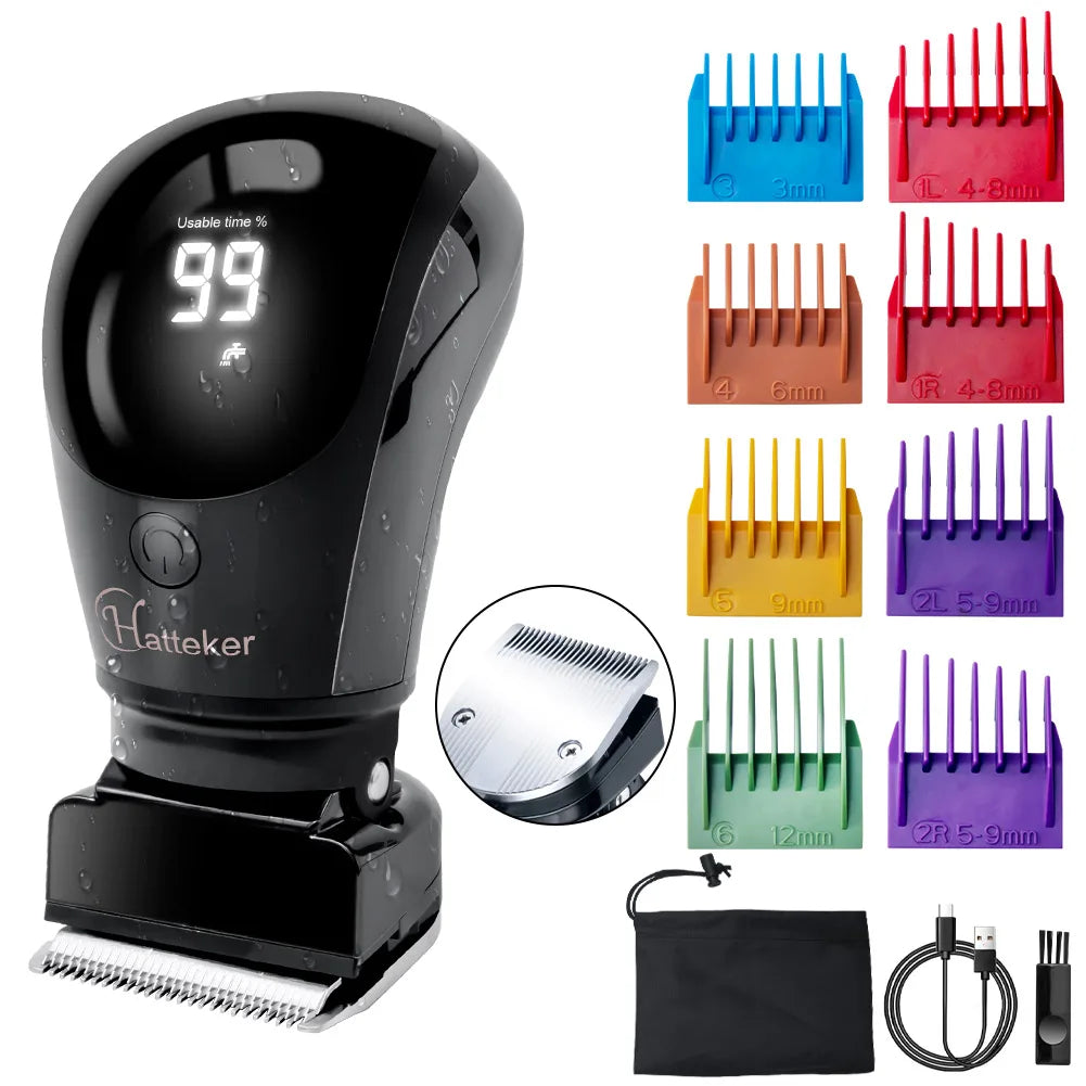 A black electric shaver with multiple attachments and a magnetic charging cable.