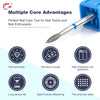 A silver diamond nail drill bit is shown next to various icons detailing its advantages like sharpness, durability, and preci