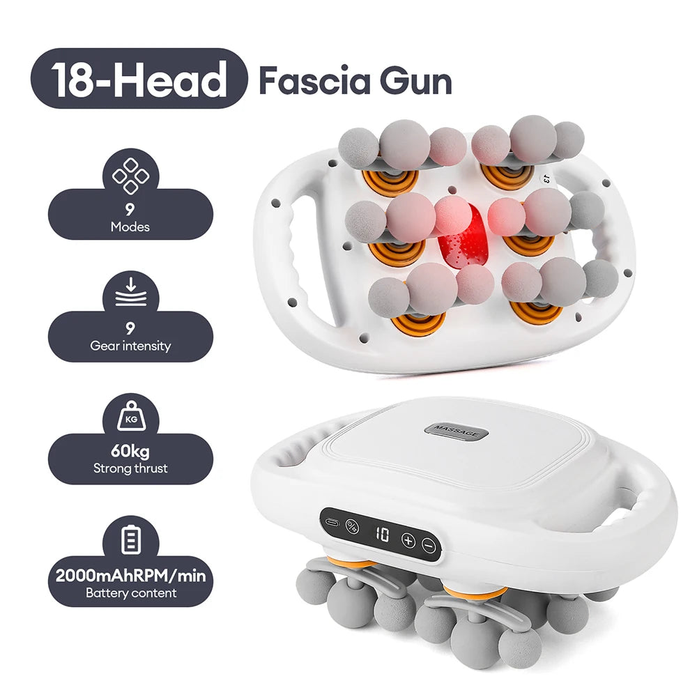 A white 18-head fascia gun massage device with a handle and multiple massage heads shown in various contexts.