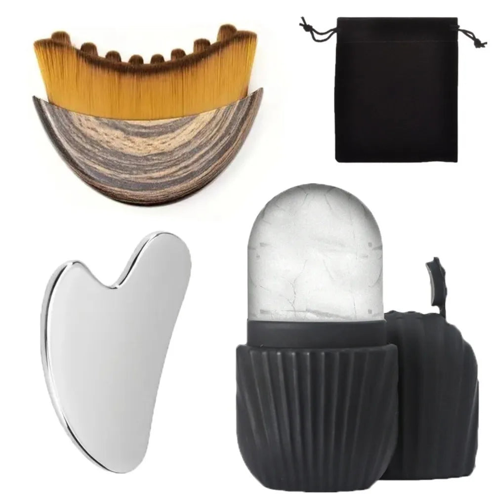 Stainless steel gua sha and ice roller facial massage set with a black storage pouch
