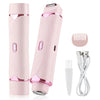 Afeitadora eléctrica rosa 2 en 1 con recortador desmontable y cable de carga.