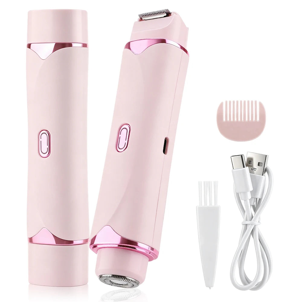 Afeitadora eléctrica rosa 2 en 1 con recortador desmontable y cable de carga.