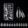 A collection of frosted French false nails in various natural finishes displayed in a clear plastic case and loose.