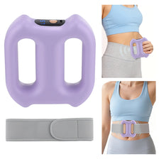 Massace électrique violet, montrant les composants et son utilisation sur l'abdomen d'une personne.