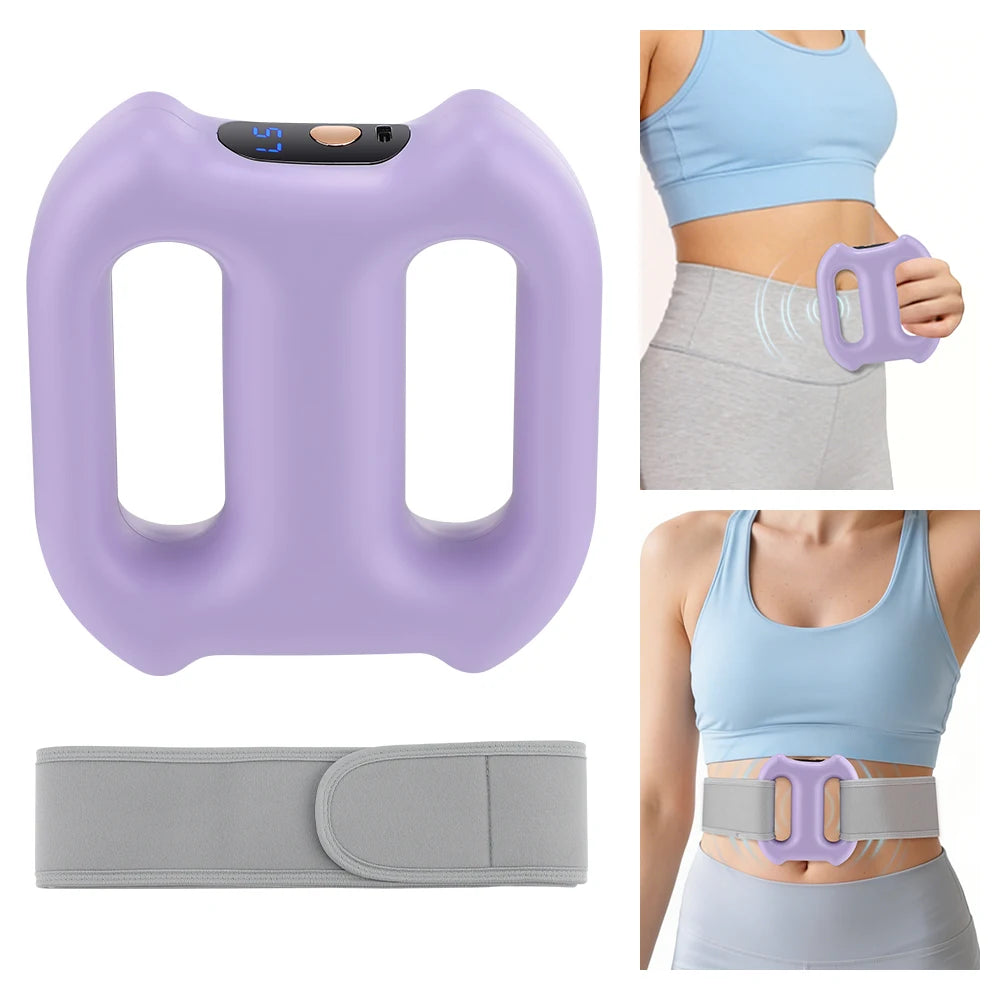 A purple electric body vibration massager device shown with its components and usage on a person's abdomen.