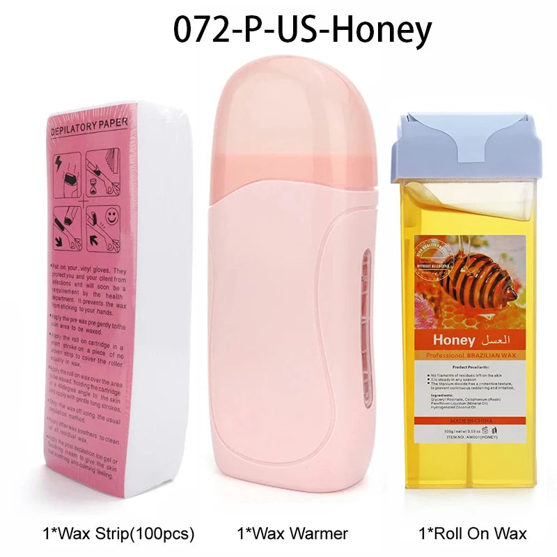 A pink wax warmer and a yellow bottle of honey for professional waxing.