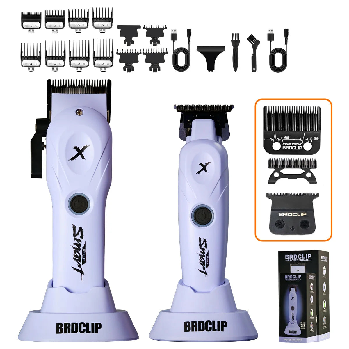 A purple professional multi-function hair grooming kit with various tools including clippers, combs, and trimmers.