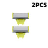 Two replacement electric shaver blades with silver and yellow plastic components.