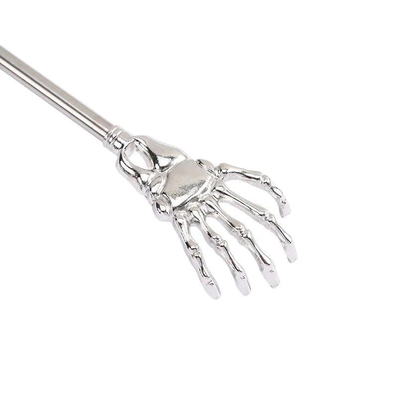 A silver telescoping stainless steel hand massager with articulated fingers.
