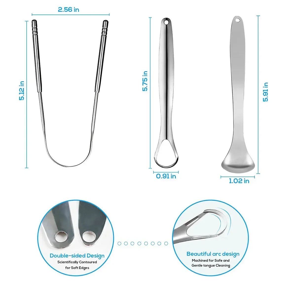 Stainless steel tongue scrapers shown with dimensions and features for oral hygiene