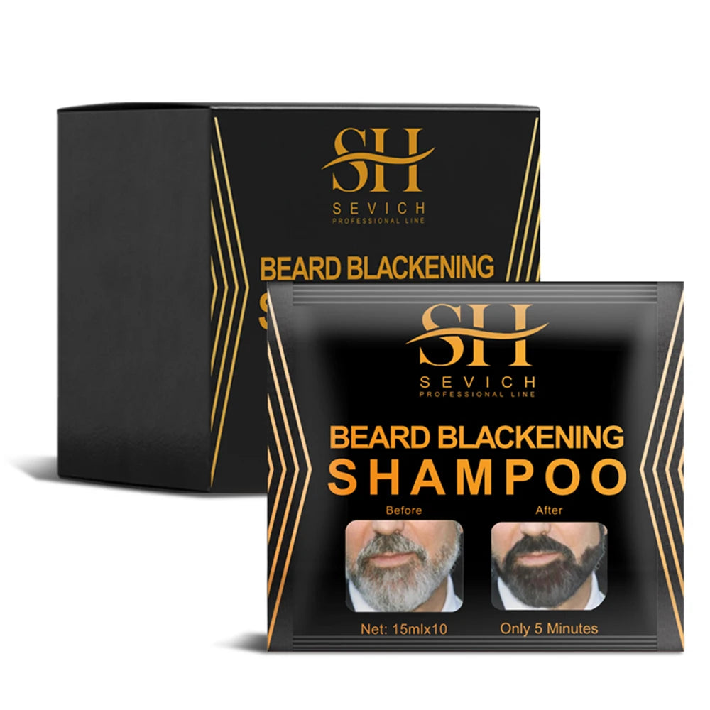 Box and tube of SH Sevich Beard Blackening Shampoo showing before and after results