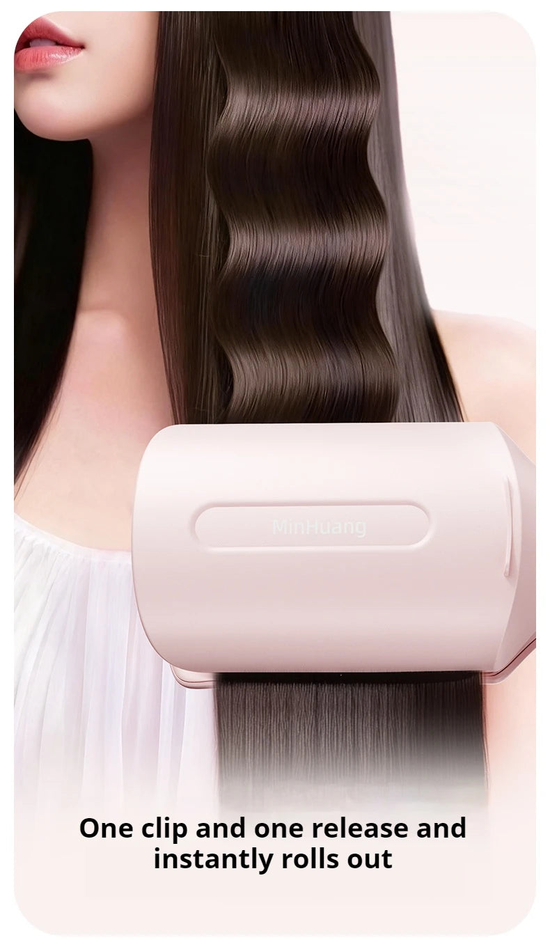 A pink hair curling iron is shown rolling out of a hair strand.