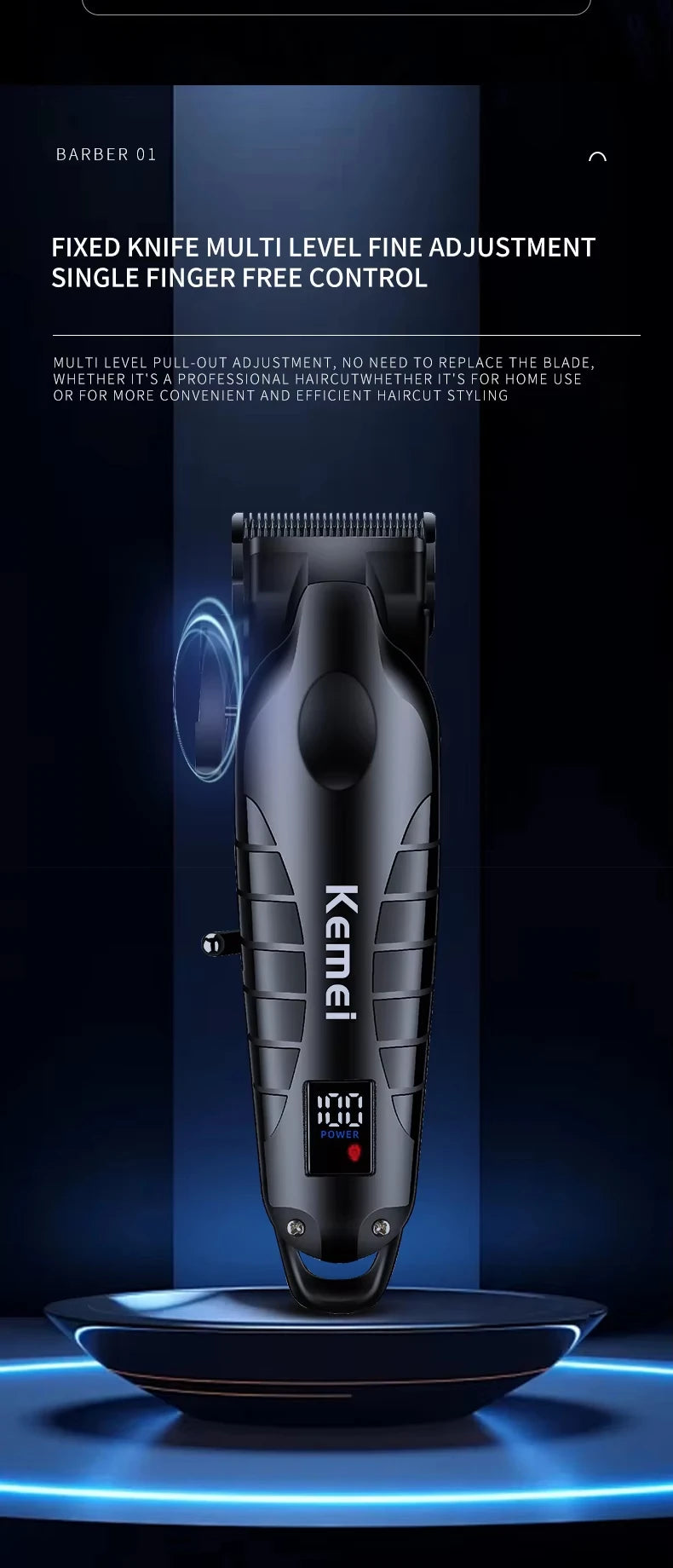A black Kemi fixed knife multi level fine adjustment single finger free control electric hair clipper is displayed on a blue 