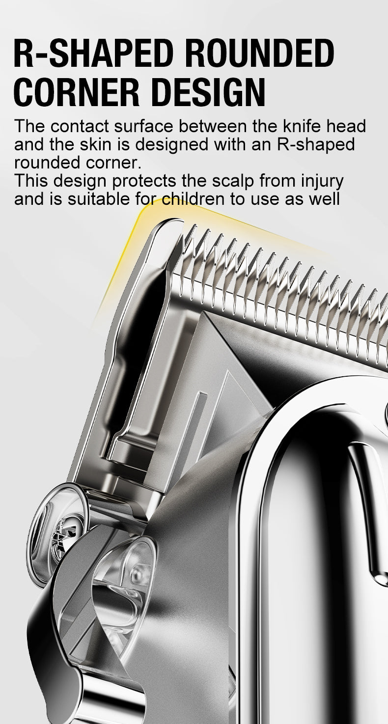 Close-up of a silver electric hair clipper featuring an R-shaped rounded corner design on the contact surface.