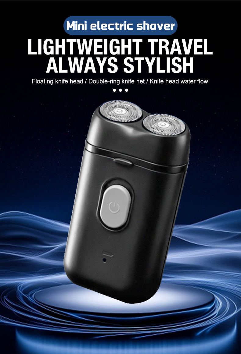 A black mini electric shaver is shown against a dark background with blue light effects.