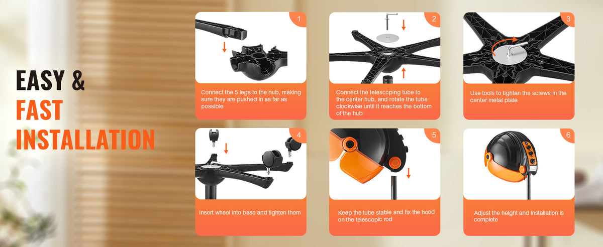 Six steps showing the easy and fast installation of an Ionic Hooded Hair Dryer with adjustable settings.